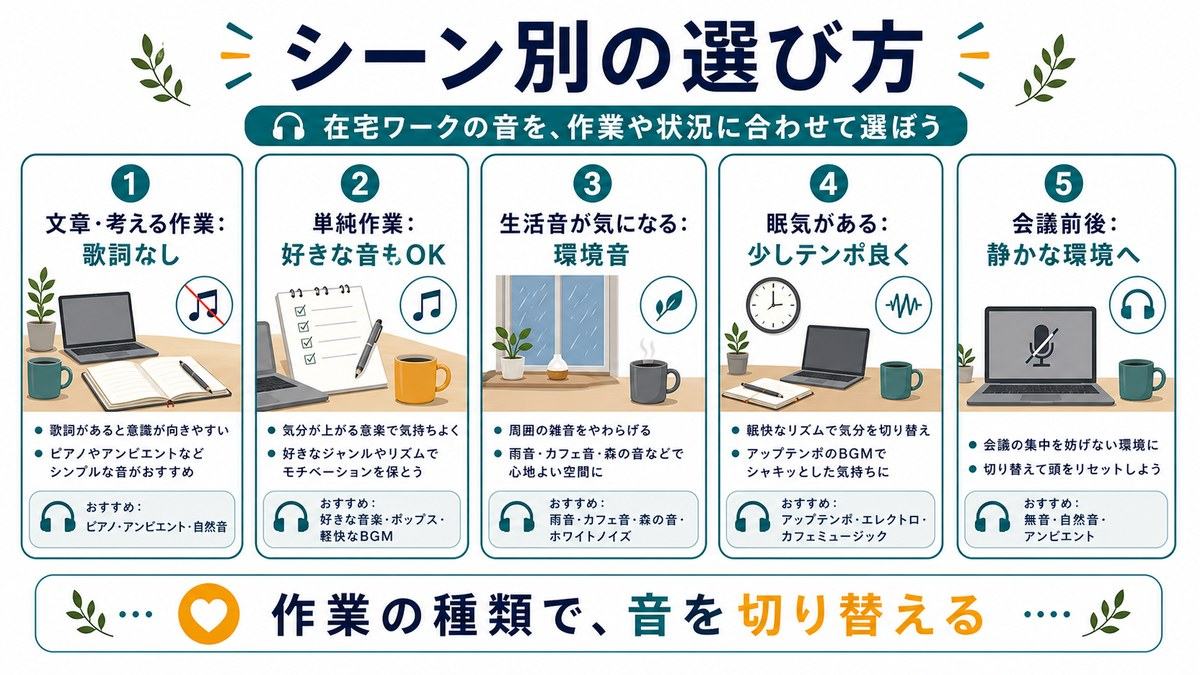 シーン別の音の選び方として、文章や考える作業は歌詞なし、単純作業は好きな音もOK、生活音が気になる時は環境音、眠気がある時は少しテンポ良く、会議前後は静かな環境へ切り替えることを示す図解