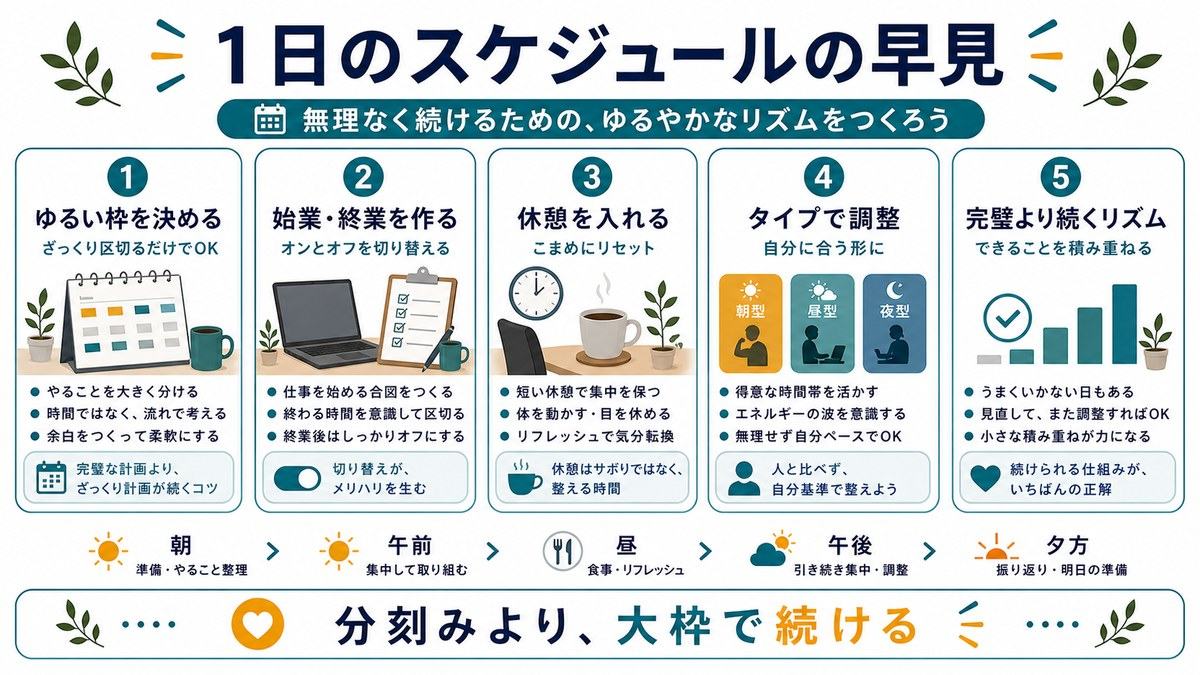 在宅ワークの1日のスケジュールの早見として、ゆるい枠を決める、始業と終業を作る、休憩を入れる、タイプで調整、完璧より続くリズムをまとめた図解