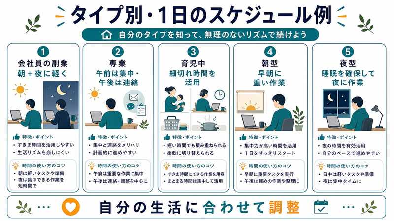 タイプ別の1日スケジュール例として、会社員の副業、専業、育児中、朝型、夜型の流れを比較し、自分の生活に合わせて調整することを示す図解