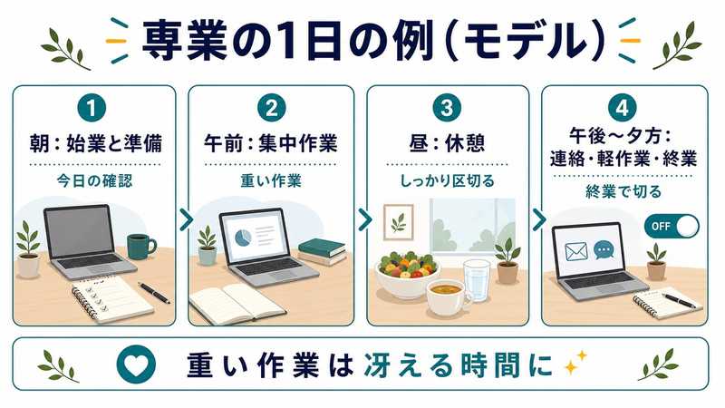 専業の1日のモデルとして、朝は始業と準備、午前は集中作業、昼は休憩、午後から夕方は連絡軽作業終業を示す図解