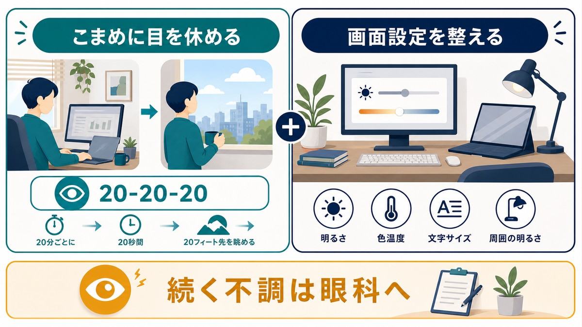 在宅ワークの目の疲れ対策はこまめな休憩と画面設定が基本という要点図