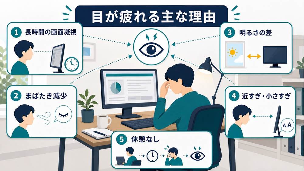 長時間の画面凝視・まばたき減少・明るさの差など目が疲れる主な理由の図