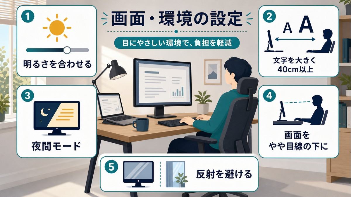 明るさ・文字サイズ・距離・夜間モード・反射対策を整える画面環境設定の図