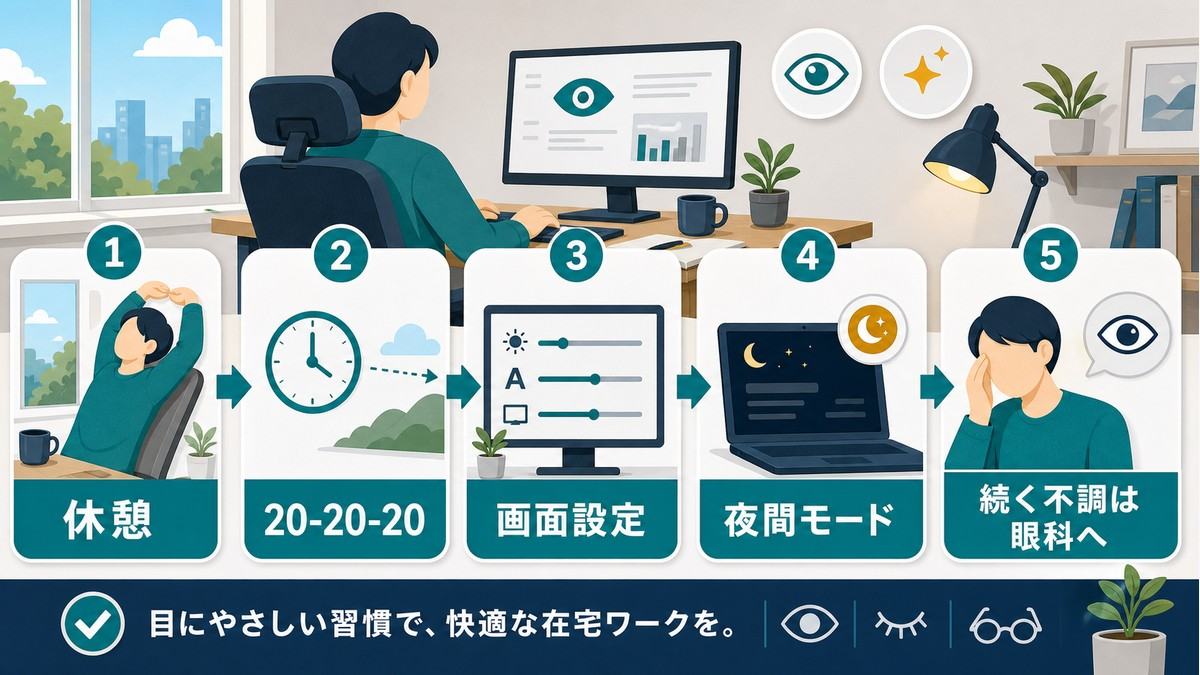在宅ワークの目の疲れ対策は休憩・20-20-20・画面設定・夜間モード・眼科相談が要点というまとめ図