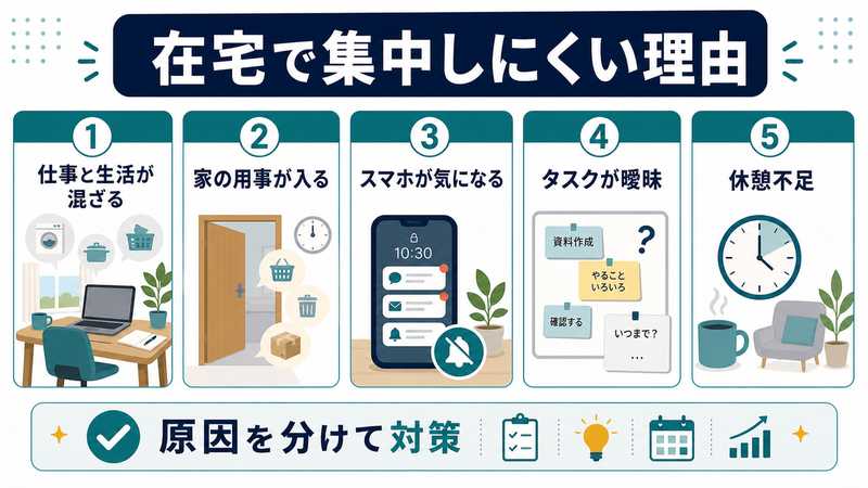 在宅で集中しにくい理由として、仕事と生活が混ざる、家の用事、スマホ、タスクの曖昧さ、休憩不足を整理した図解