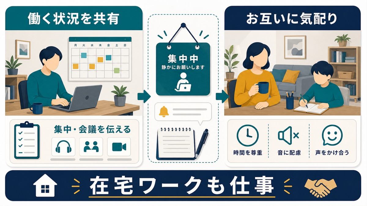 在宅ワークでは働く状況の共有とお互いの気配りが大切という要点図