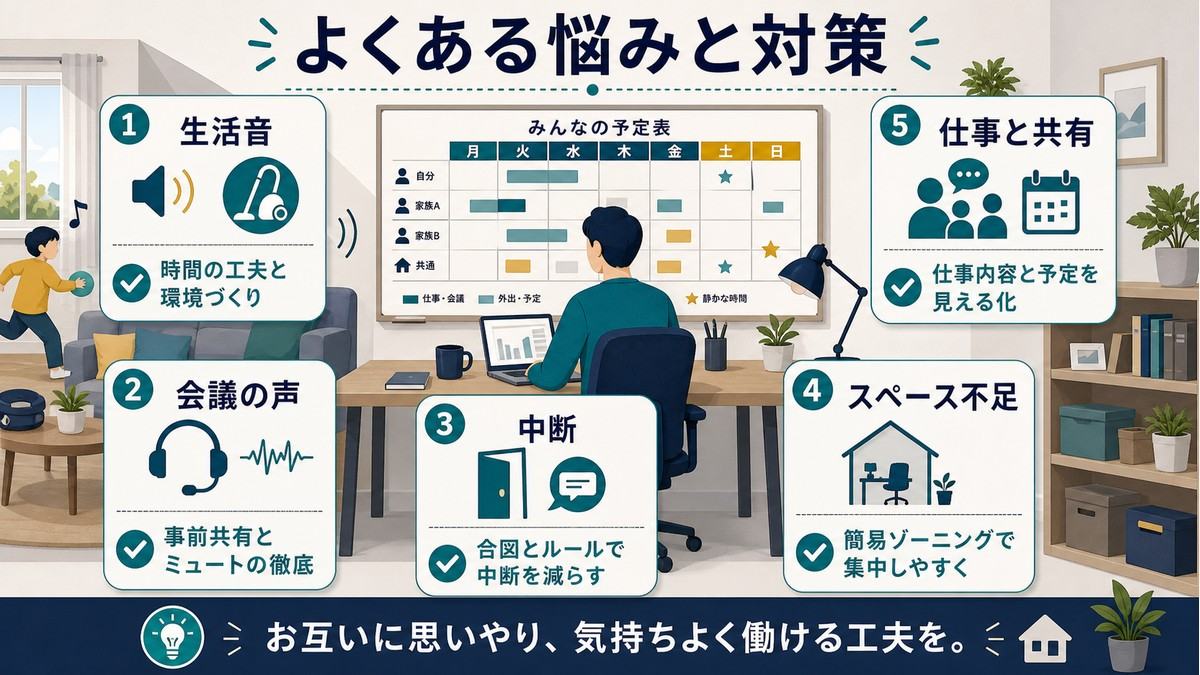 在宅ワークで生活音・会議の声・中断・スペース不足を共有で解決する対策図