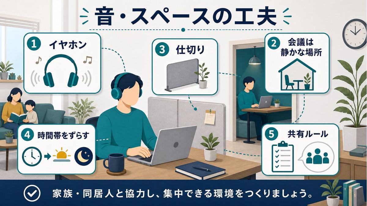 イヤホン・静かな会議場所・仕切り・時間帯・共有ルールで音とスペースを整える図