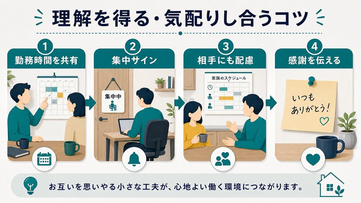 勤務時間共有・集中サイン・相手への配慮・感謝で理解を得る手順図