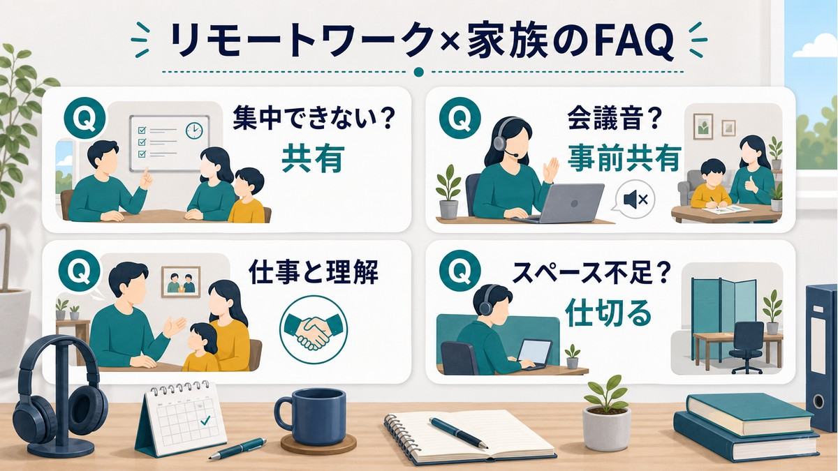 家族がいる在宅ワークの集中・会議音・仕事理解・スペース不足のFAQ図
