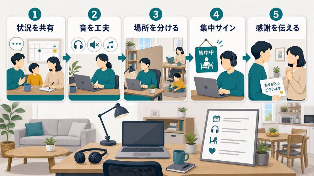 家族と在宅ワークをするために状況共有・音・場所・集中サイン・感謝を整えるまとめ図
