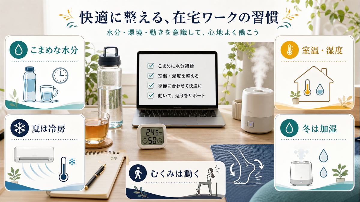 在宅ワーク中の水分補給、室温湿度、夏の冷房、冬の加湿、むくみ対策をまとめた図