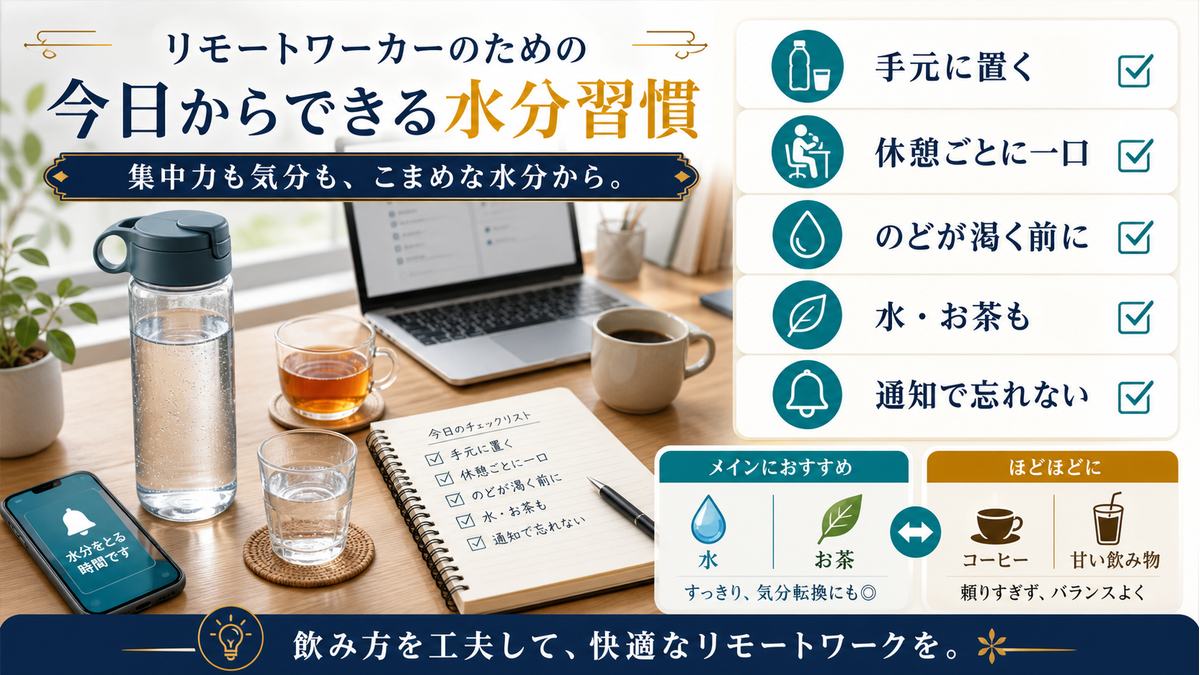 デスクに飲み物を置き、休憩ごとに一口飲み、水やお茶も取り入れる水分補給のコツ