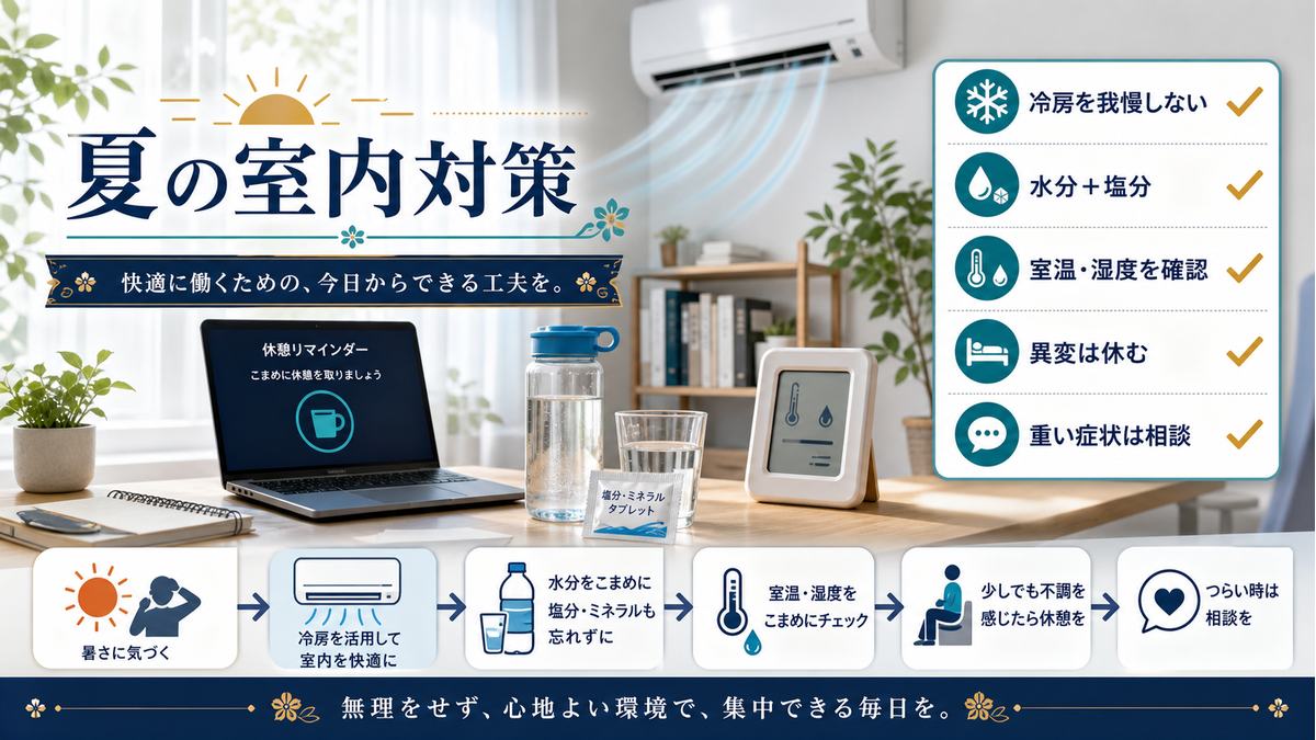 夏の在宅ワークで冷房を我慢せず、水分と塩分を取り、室温湿度を確認して休む対策