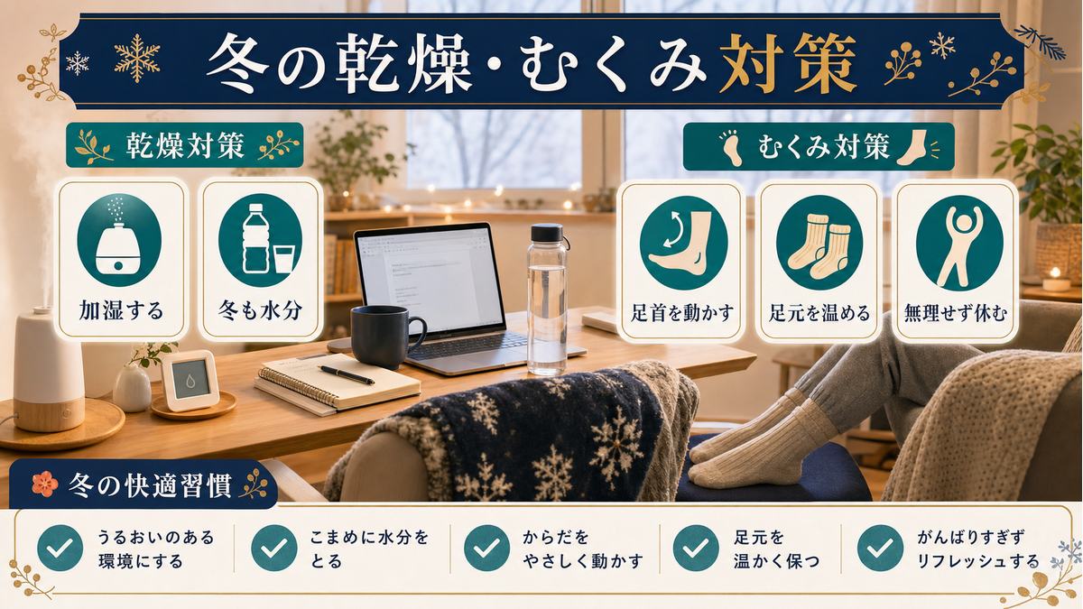 冬の在宅ワークで加湿、水分補給、足首の運動、足元を温める習慣をまとめた図