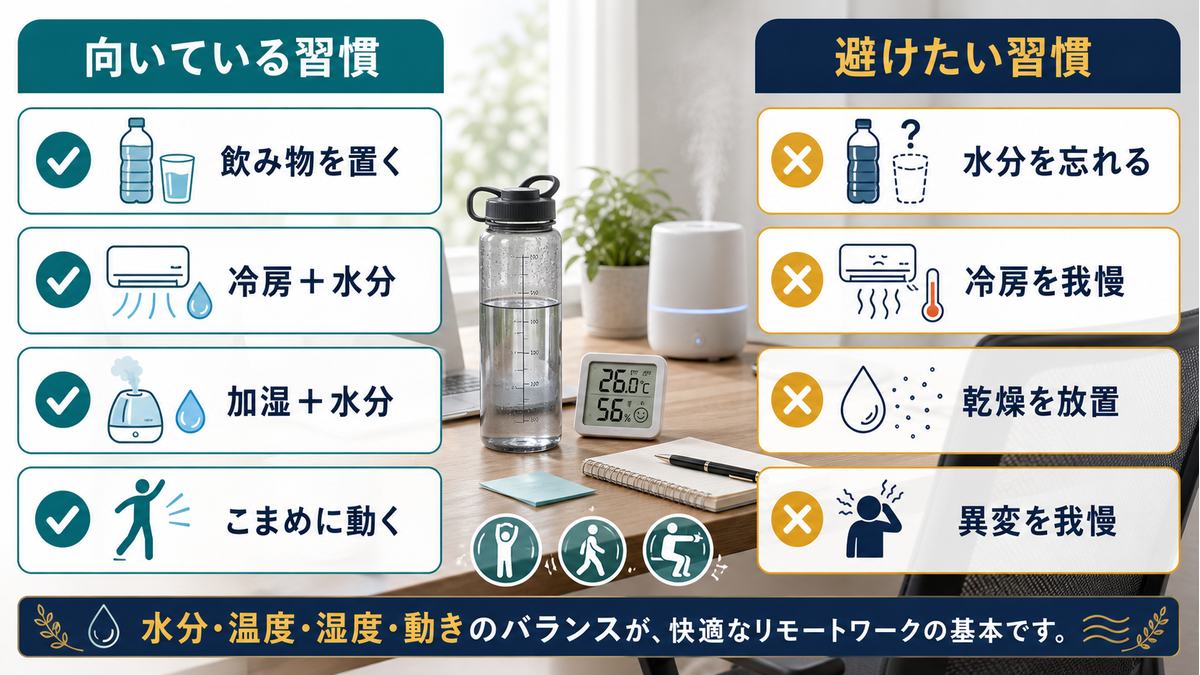 在宅ワークの体調管理で向いている習慣と避けたい習慣を比較した表