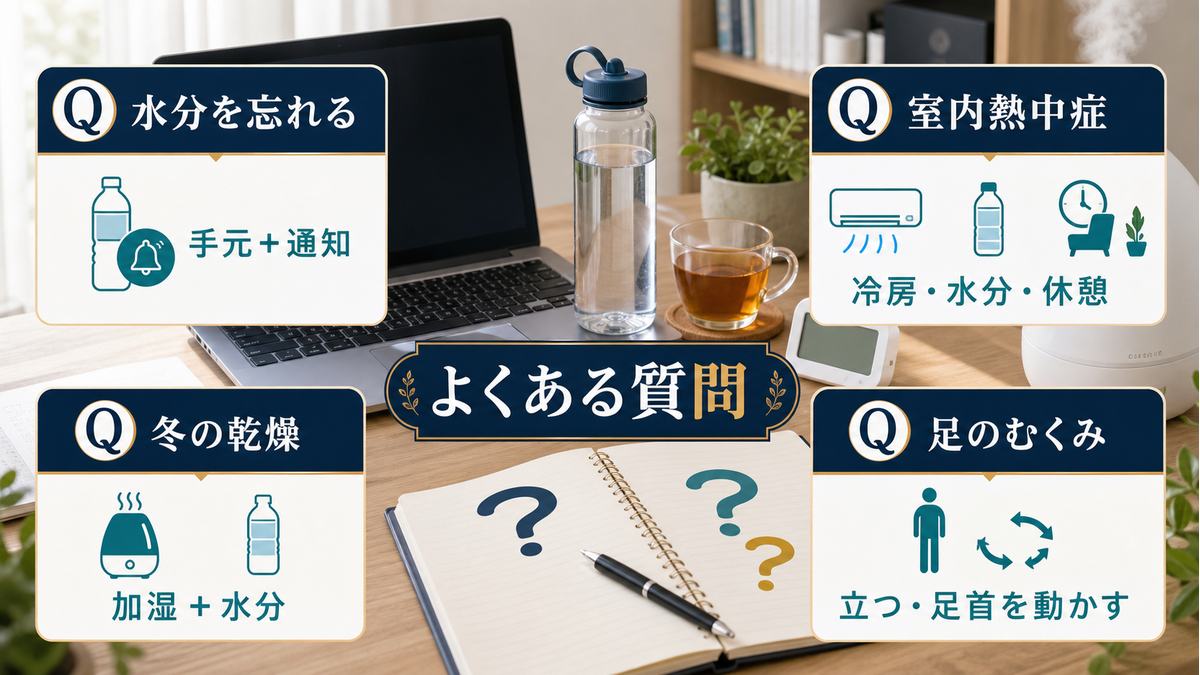 水分を忘れる、室内熱中症、冬の乾燥、足のむくみについてのよくある質問をまとめた図