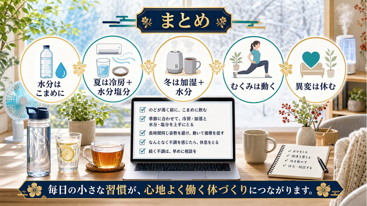 在宅ワークの水分補給、夏の冷房と水分塩分、冬の加湿、むくみ対策、異変時の休憩をまとめた図