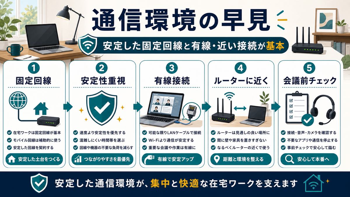 在宅ワークの通信環境は固定回線、安定性重視、有線接続、ルーターに近く、会議前チェックが基本という図解