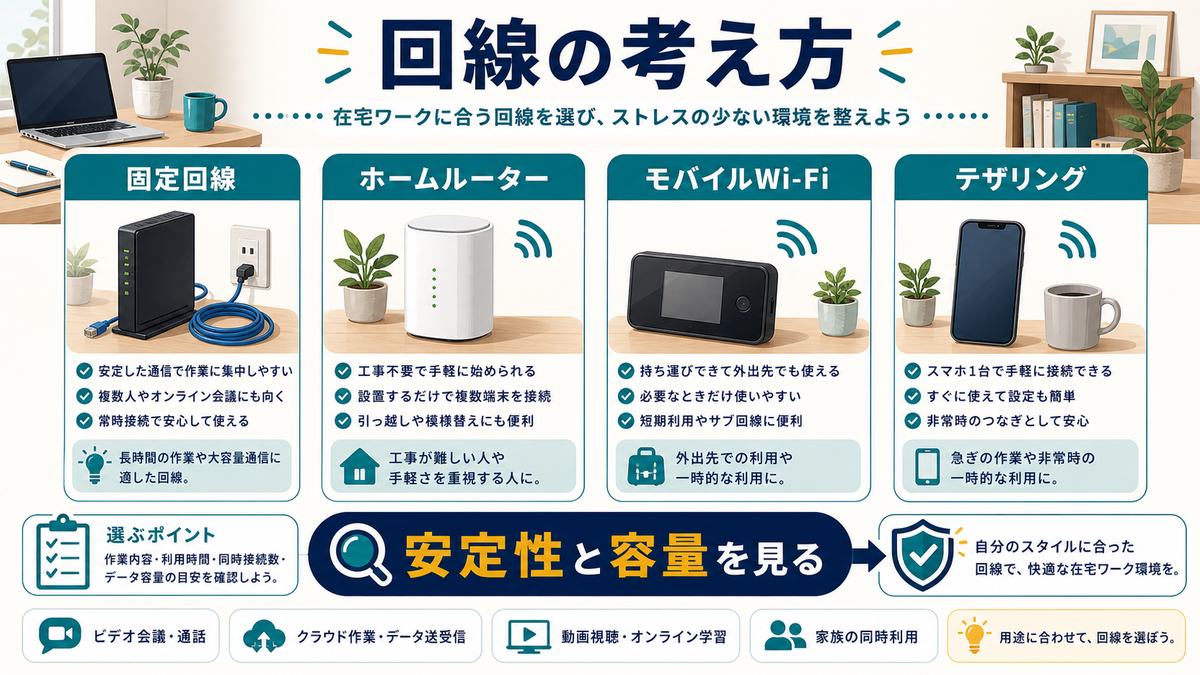 在宅ワーク向け回線として、固定回線、ホームルーター、モバイルWi-Fi、テザリングを安定性と容量で考える図解