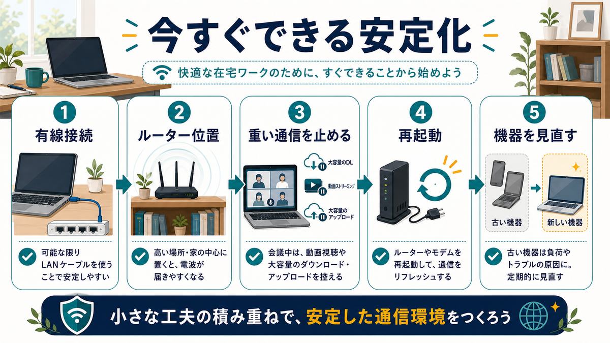 通信を安定させる工夫として、有線接続、ルーター位置、重い通信停止、再起動、機器見直しをまとめた図解