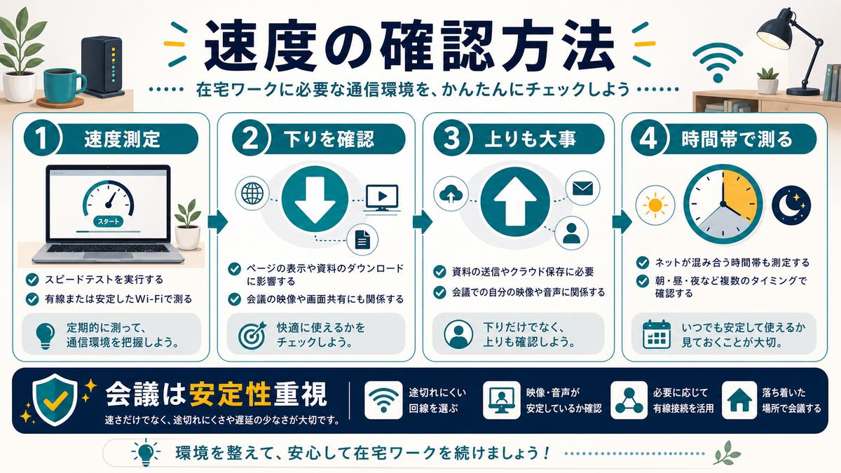 速度の確認方法として、速度測定、下り、上り、時間帯で測る、会議は安定性重視を示す図解