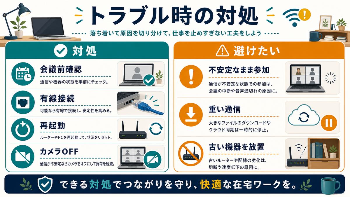通信トラブル時の対処として、会議前確認、有線接続、再起動、カメラOFF、不安定なまま参加、重い通信、古い機器放置を比較した図解