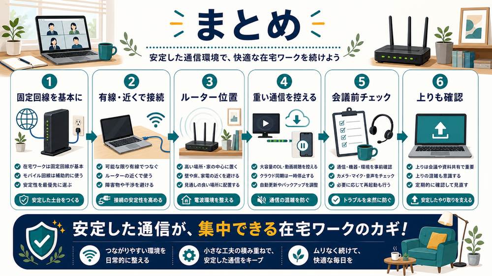 在宅ワーク通信環境のまとめとして、固定回線、有線や近くで接続、ルーター位置、重い通信を控える、会議前チェック、上り確認を示す図解