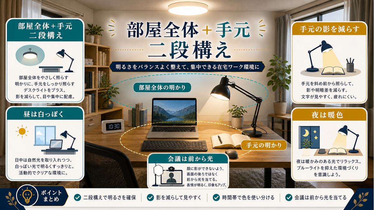 在宅ワークの照明を部屋全体と手元の二段構えで整える図