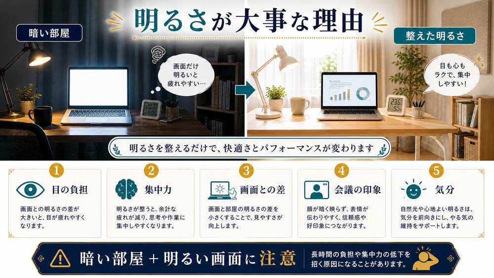 暗い部屋と整えた明るさを比較し、目の負担、集中、画面との差、会議の印象、気分を示す図
