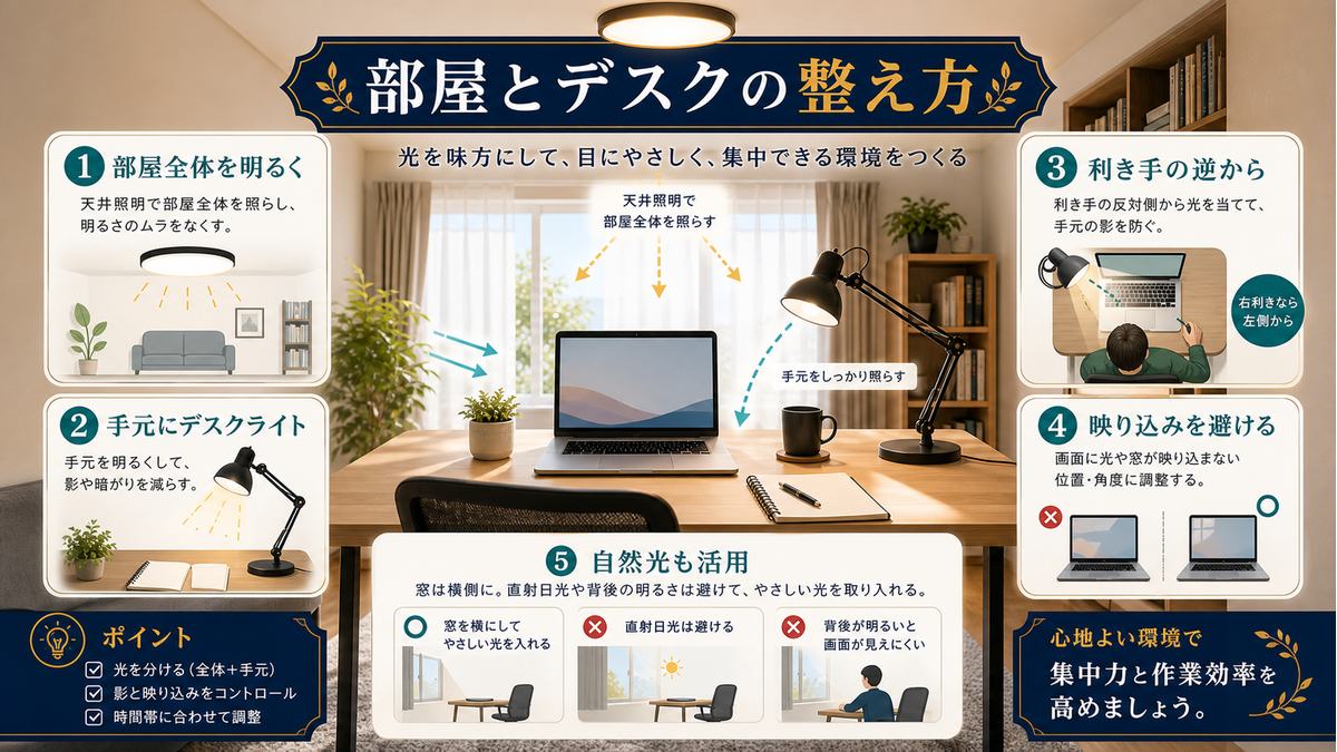 部屋全体、デスクライト、利き手の逆、画面反射、自然光の使い方をまとめた照明配置図