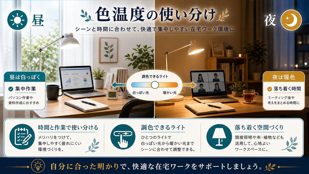 昼は白っぽい光、夜は暖色、調色ライトで時間帯に合わせる色温度の使い分け図