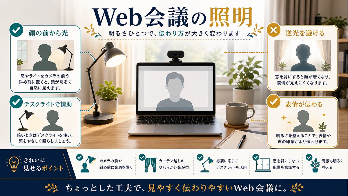 Web会議で顔の前から光を当て、逆光を避け、デスクライトで補助する方法