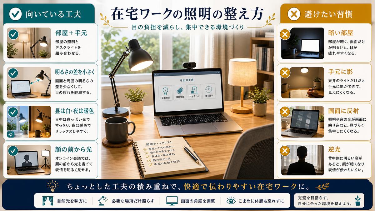 在宅ワークの照明で向いている工夫と避けたい習慣を比較した表