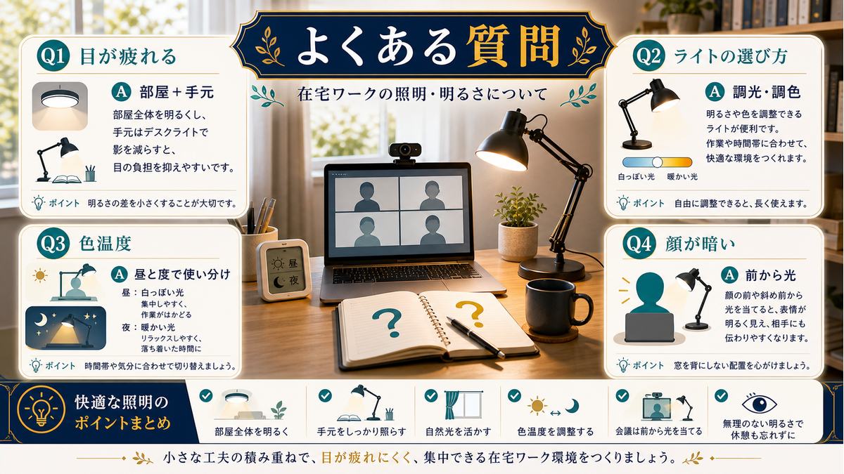 在宅ワークの目の疲れ、デスクライト選び、色温度、オンライン会議の顔の暗さのFAQ