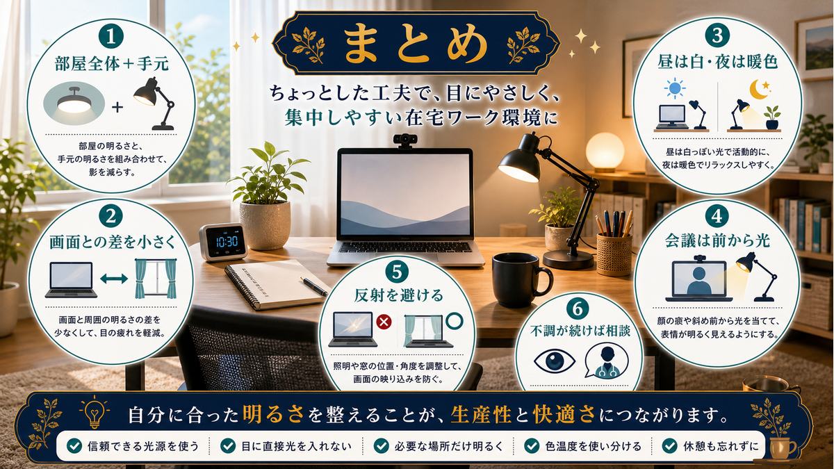 在宅ワークの照明を部屋全体と手元、画面との差、色温度、Web会議の前方照明でまとめた図