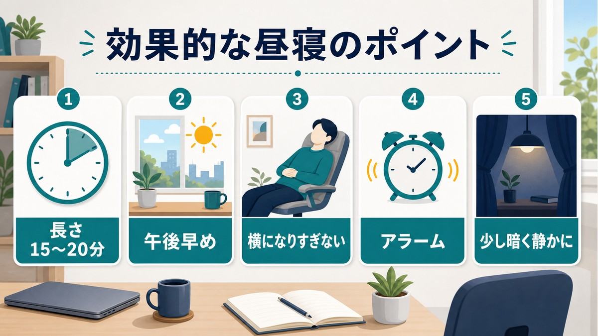 効果的な昼寝の長さ・時間帯・姿勢・アラーム・環境のポイント図