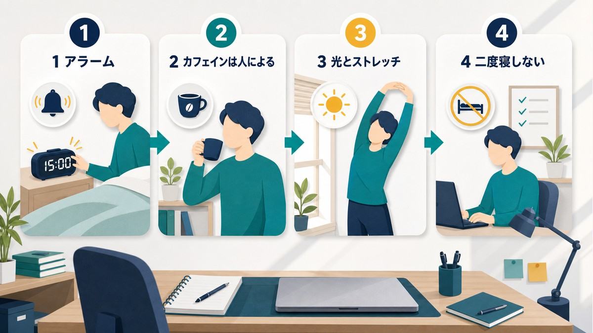 昼寝後にアラーム・光・ストレッチで切り替える手順図