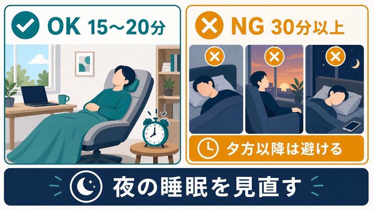 30分以上や夕方以降の昼寝を避け、夜の睡眠を見直す比較図