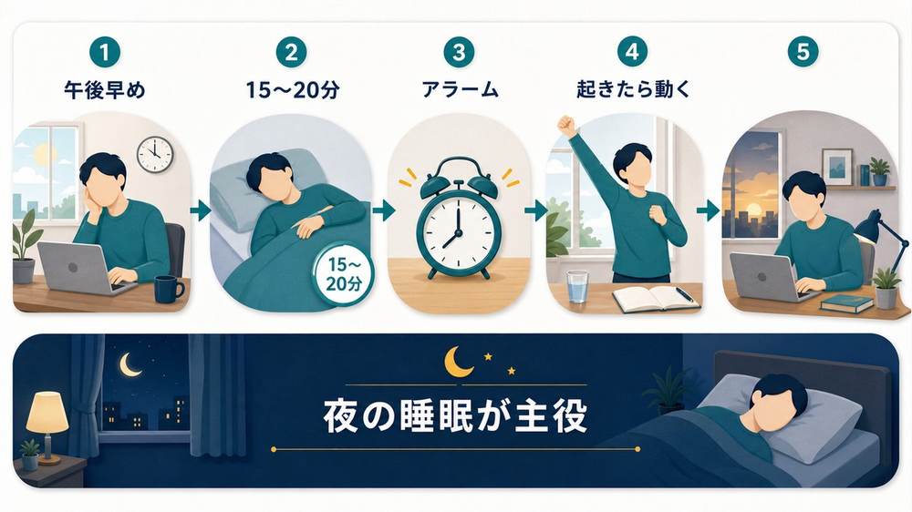 在宅ワークの昼寝は午後早め・15〜20分・アラーム・夜の睡眠が主役というまとめ図