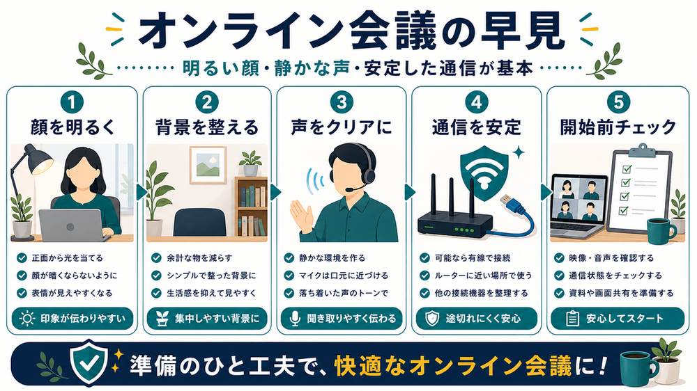 オンライン会議の基本として、顔を明るく、背景を整える、声をクリアに、通信を安定、開始前チェックをまとめた図解