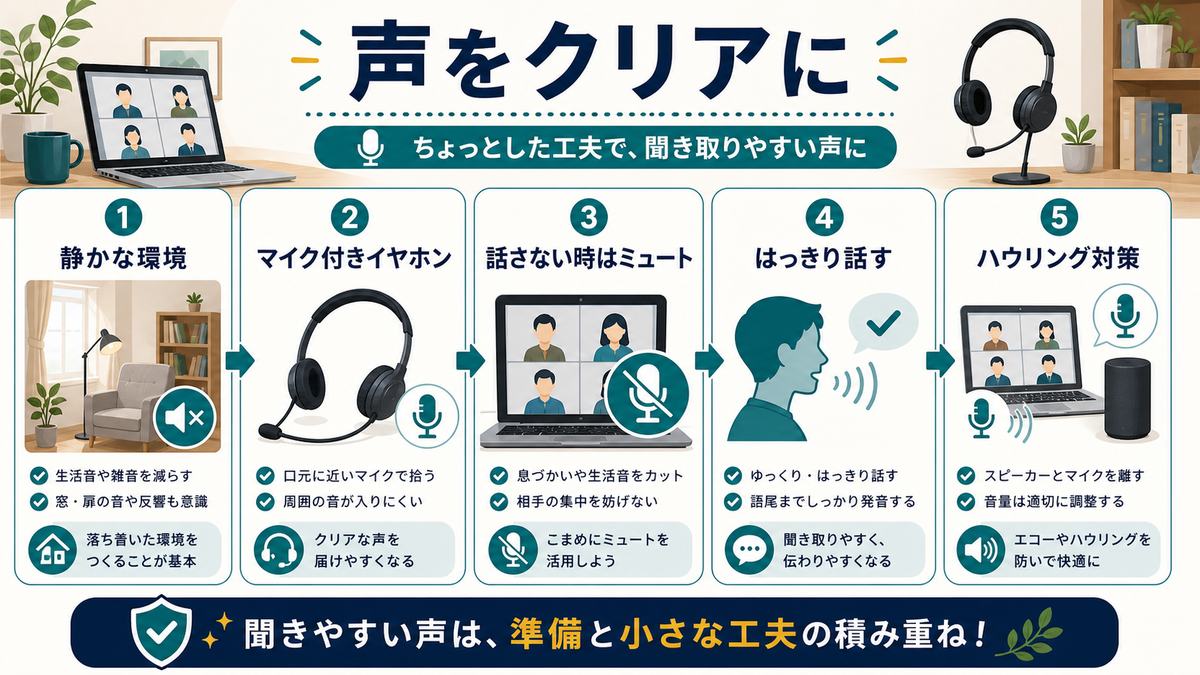 オンライン会議の声をクリアにするコツとして、静かな環境、マイク付きイヤホン、ミュート、はっきり話す、ハウリング対策をまとめた図解