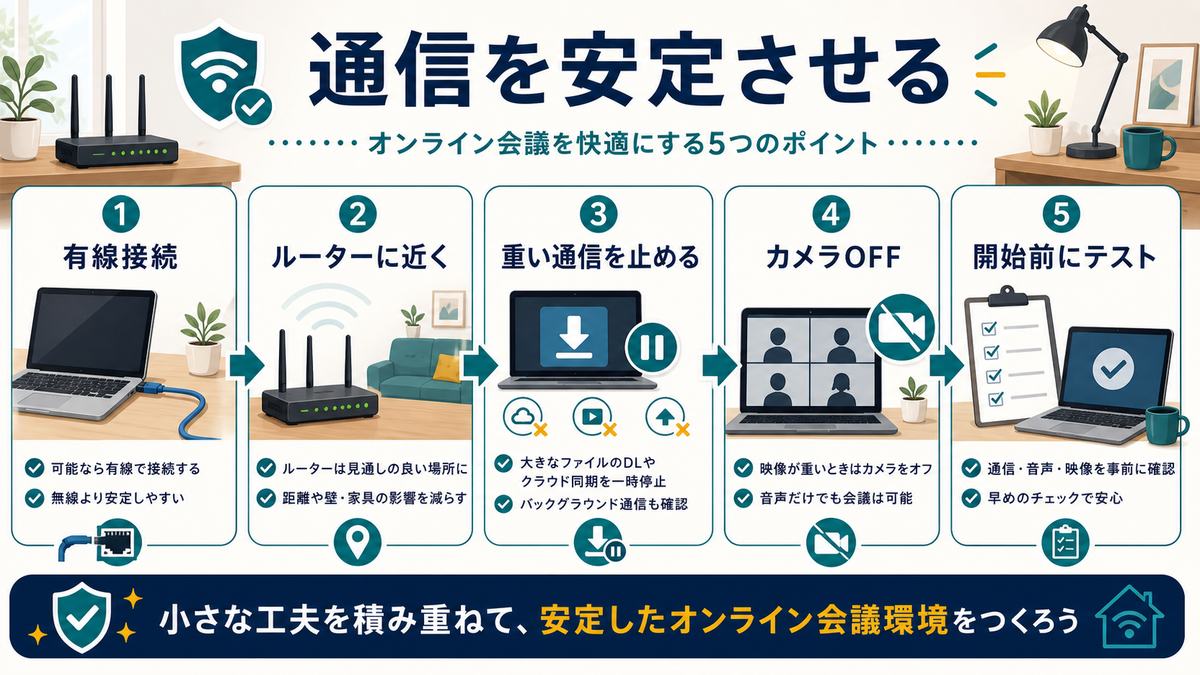 オンライン会議の通信安定化として、有線接続、ルーターに近く、重い通信を止める、カメラOFF、開始前テストを示す図解