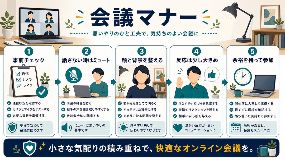 オンライン会議マナーとして、事前チェック、話さない時はミュート、顔と背景を整える、反応は少し大きめ、余裕を持って参加をまとめた図解
