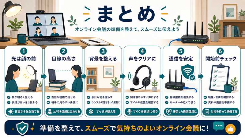 オンライン会議準備のまとめとして、光は顔の前、目線の高さ、背景を整える、声をクリアに、通信を安定、開始前チェックを示す図解