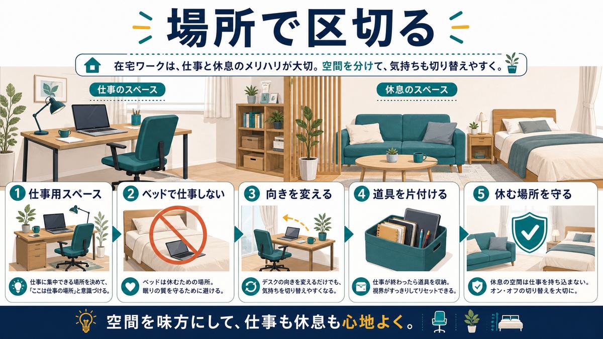 場所で区切る工夫として、仕事用スペース、ベッドで仕事しない、向きを変える、道具を片付ける、休む場所を守る図解