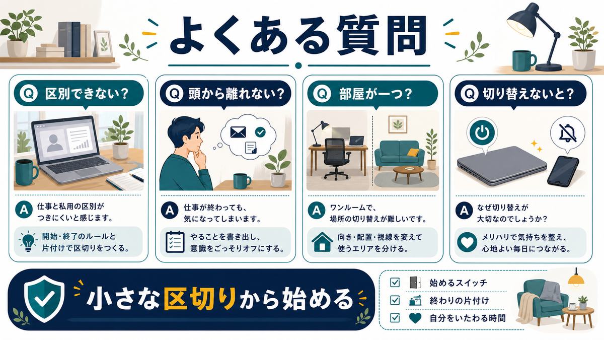 在宅ワークのオンオフFAQとして、区別できない、頭から離れない、部屋が一つ、切り替えないとどうなるか、小さな区切りから始めることをまとめた図解