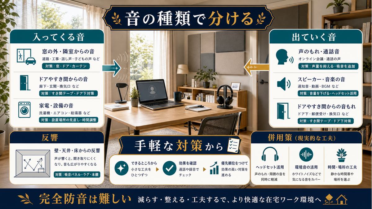 在宅ワークの音の悩みを入ってくる音、出ていく音、反響に分けて対策する図