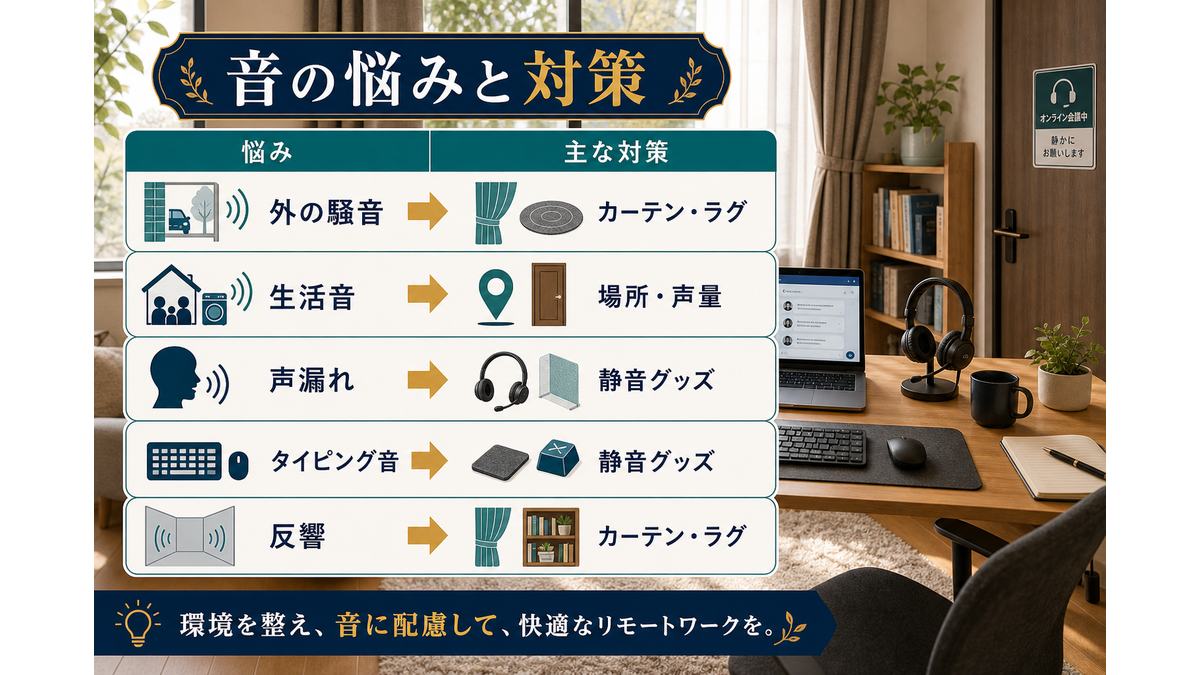 外の騒音、生活音、声漏れ、タイピング音、反響に合わせた在宅ワークの騒音対策