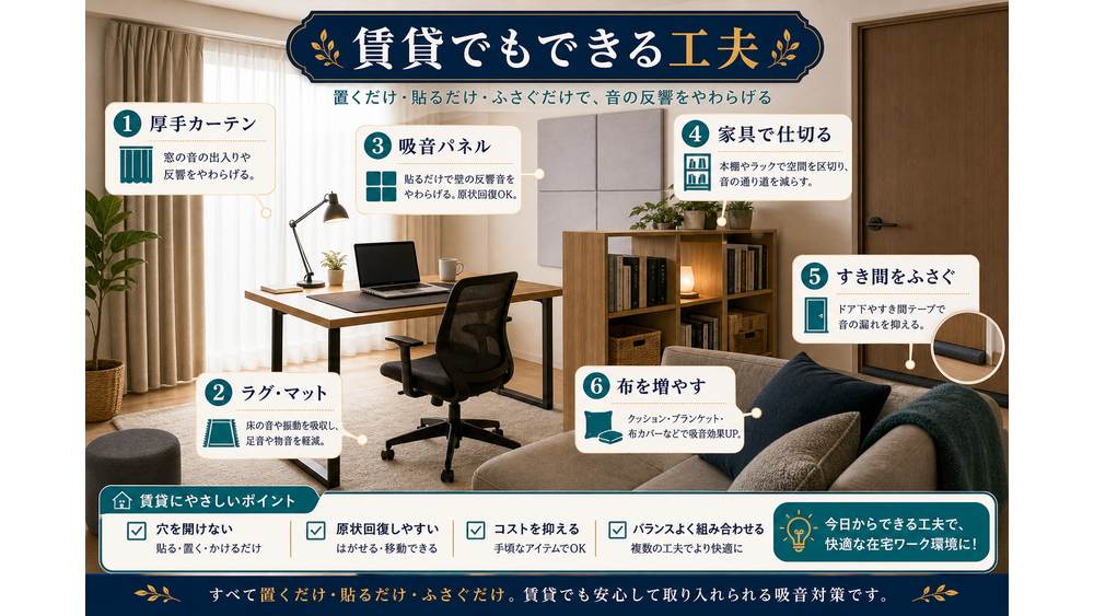 厚手カーテン、ラグ、吸音パネル、家具配置、すき間対策など賃貸でできる吸音の工夫